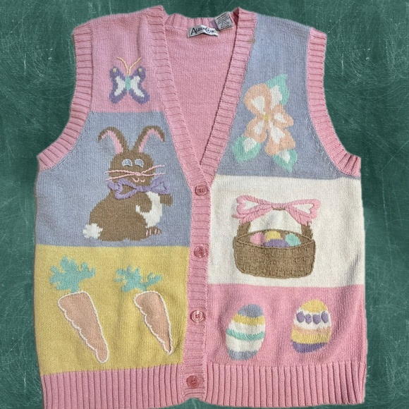 Vintage Sweaters - VINTAGE 90s Easter bunny knit sweater cardigan sleeveless vest spring pastel